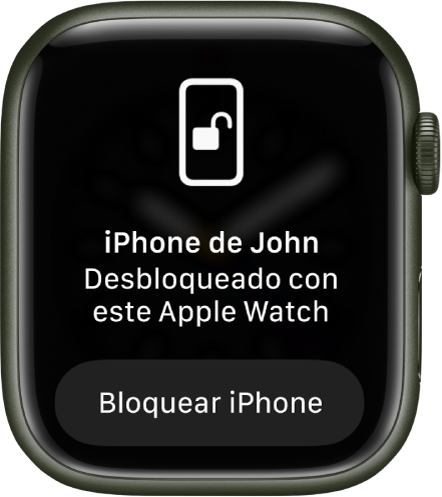 Pantalla del Apple Watch mostrando “Este Apple Watch desbloqueó el iPhone de José”. Debajo se encuentra el botón Bloquear iPhone.