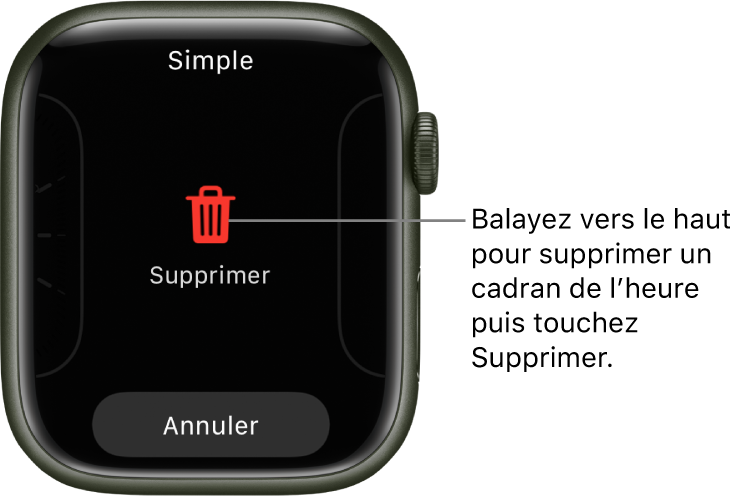 Écran de l’Apple Watch montrant les boutons Supprimer et Annuler, qui apparaissent lorsque vous atteignez un cadran puis le balayez vers le haut pour le supprimer.
