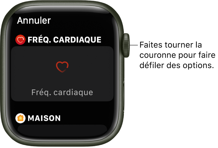 L’écran de personnalisation pour un cadran avec la complication « Fréquence cardiaque » mise en évidence. Faites tourner la Digital Crown pour voir des complications.