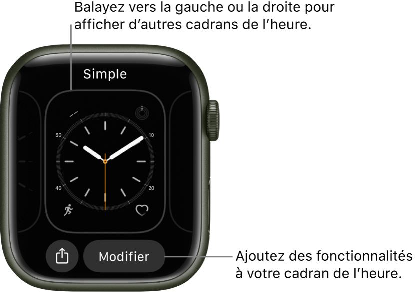 Si vous maintenez votre doigt sur l’écran, le cadran actuel s’affiche avec les boutons Partager et Modifier en bas. Le nom du cadran figure en haut de l’écran. Balayez vers la droite ou la gauche pour afficher d’autres options de cadrans indiquant l’heure. Touchez une complication pour ajouter les fonctionnalités de votre choix.