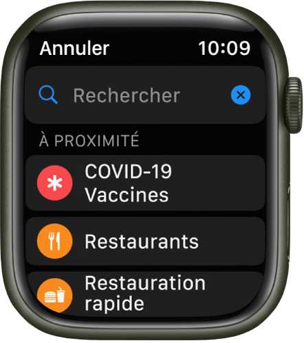 L’écran Rechercher de l’app Plans, avec le champ Rechercher affiché vers le haut. Sous « À proximité » figurent des boutons pour des centres de vaccination contre la COVID-19, des restaurants et des fast-foods.