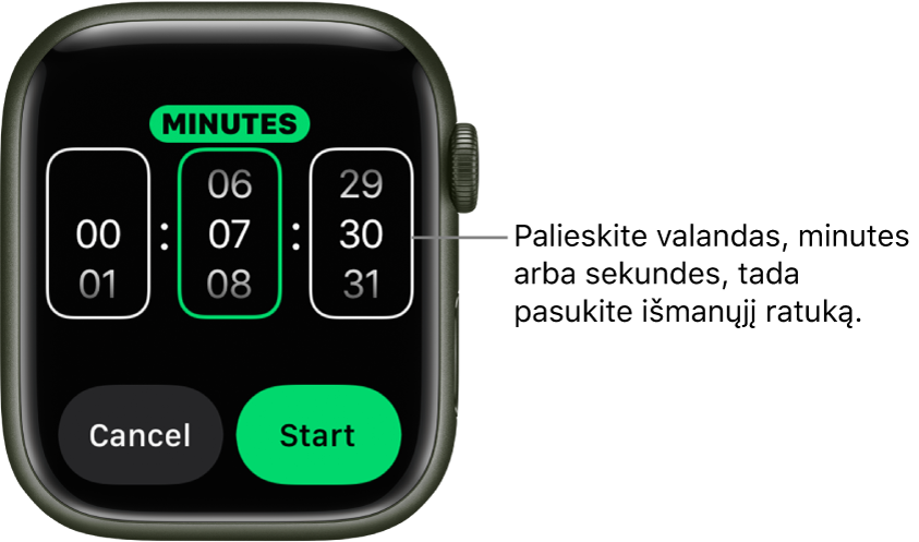Pasirinktinio laikmačio kūrimo nustatymai: kairėje rodomos valandos, viduryje – minutės, o dešinėje – sekundės. Toliau rodomi „Start“ ir „Cancel“ mygtukai.