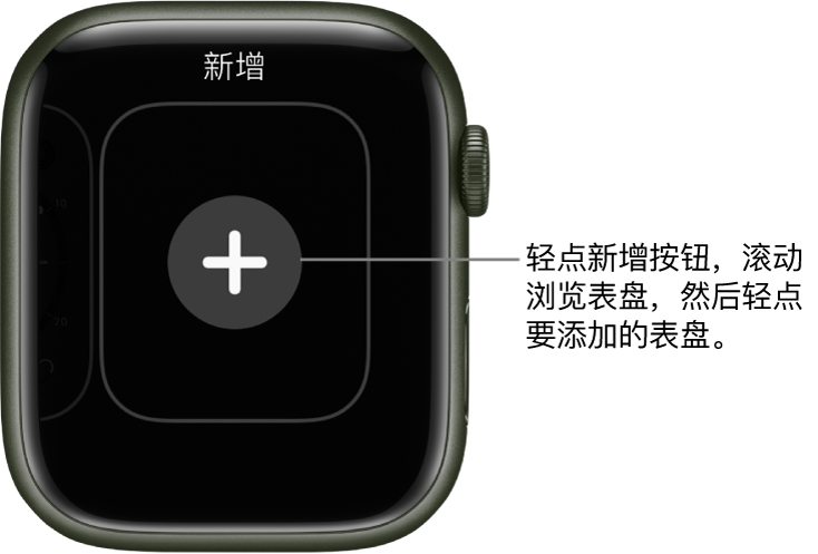 新表盘屏幕中间有一个加号按钮。轻点以添加新表盘。