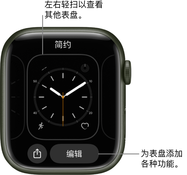 按住表盘时,您会看到当前表盘底部有“共享”和“编辑”按钮。顶部是表盘名称。左右轻扫来查看其他表盘选项。轻点复杂功能以添加想要的功能。