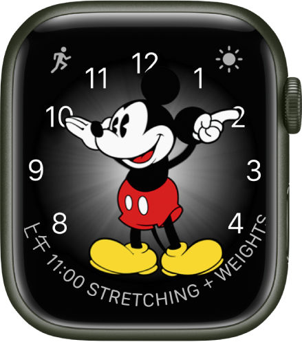 您可以在「米奇」錶面加入許多複雜功能。顯示三個複雜功能:左上角為「體能訓練」,右上角為「天氣狀況」,底部為「行事曆排程」。