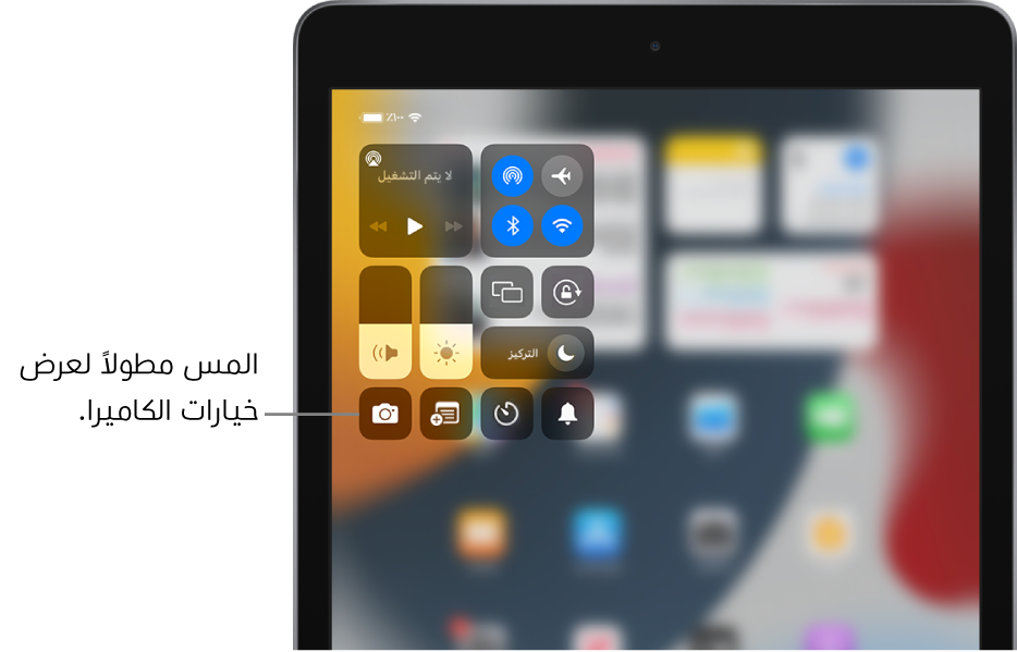 عناصر التحكم في نمط الطيران والبيانات الخلوية و Wi-Fi و Bluetooth في المجموعة العلوية اليمنى من مركز التحكم في طرز الـ iPad (Wi-Fi + Cellular). عنصر التحكم في الكاميرا يظهر في أسفل اليسار.