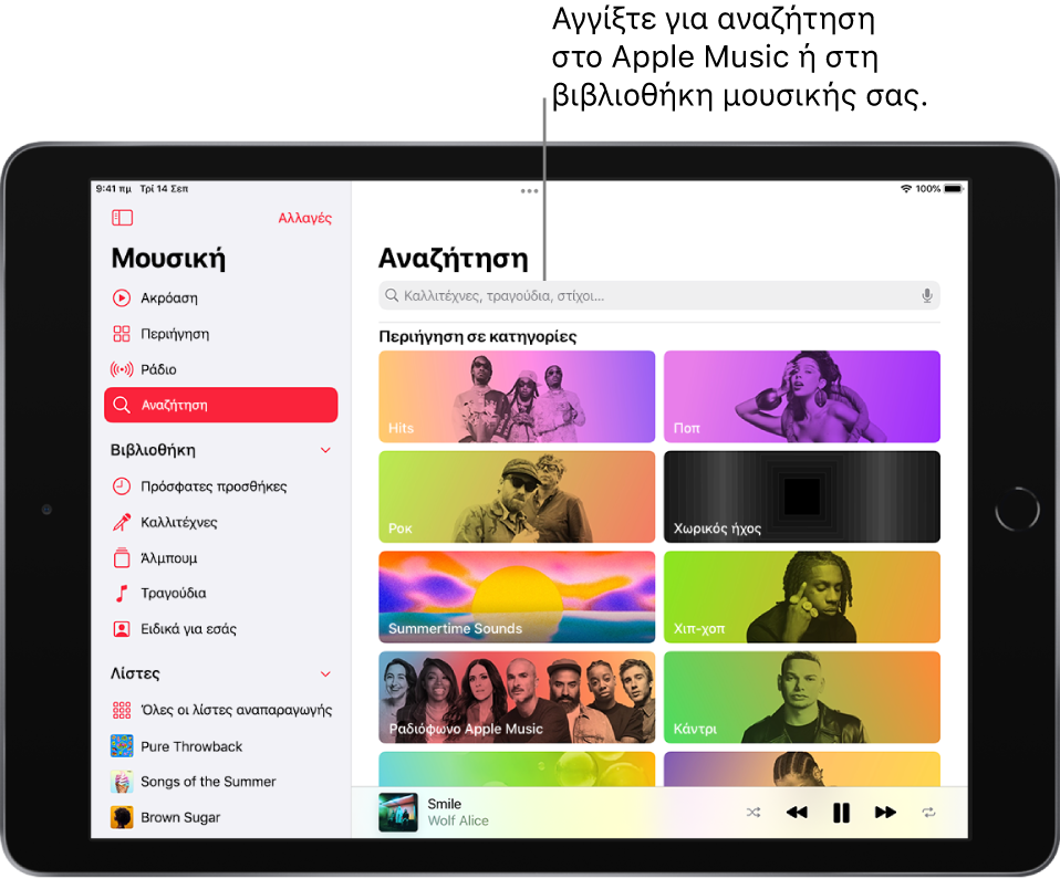 Η οθόνη «Αναζήτηση» όπου φαίνονται η πλαϊνή στήλη στα αριστερά και ένα πεδίο αναζήτησης πάνω δεξιά. Η ενότητα «Περιήγηση σε κατηγορίες» παρακάτω περιέχει πολλές κατηγορίες.