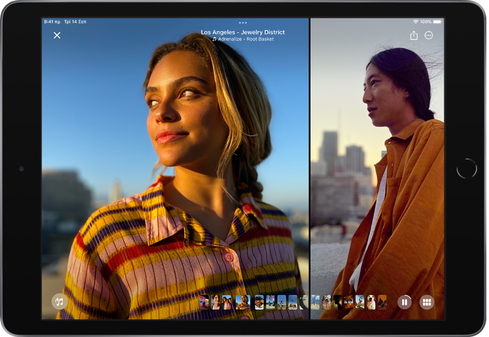 Μια ανάμνηση αναπαράγεται σε πλήρη οθόνη. Στην πάνω αριστερή γωνία βρίσκεται το κουμπί «Κλείσιμο». Πάνω στο κέντρο βρίσκονται η τοποθεσία της ανάμνησης και ο τίτλος του τραγουδιού της ανάμνησης. Στην πάνω δεξιά γωνία βρίσκονται τα κουμπιά «Κοινή χρήση» και «Περισσότερες επιλογές». Στην κάτω αριστερή γωνία βρίσκεται το κουμπί «Συνθέσεις αναμνήσεων». Κάτω στο κέντρο υπάρχουν μικρογραφίες των φωτογραφιών της ανάμνησης. Στην κάτω δεξιά γωνία βρίσκονται τα κουμπιά «Παύση» και «Περιήγηση».