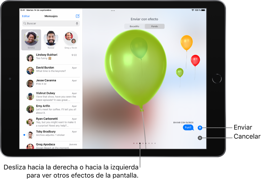 Vista previa de un mensaje con un efecto de pantalla completa con globos.