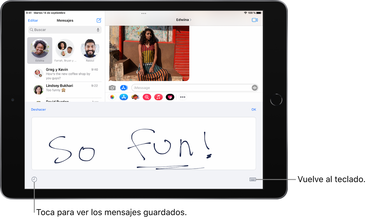 Pantalla para escribir a mano con un mensaje escrito a mano. En la parte inferior izquierda, hay un botón para seleccionar un mensaje guardado. El botón para mostrar el teclado está situado en la parte inferior derecha de la pantalla.