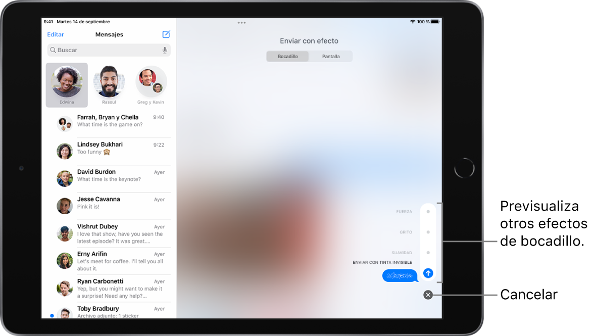 Vista previa de un mensaje con el efecto de tinta invisible. En la parte inferior derecha, toca un control para previsualizar otros efectos de bocadillo. Vuelve a tocar el mismo control para enviar el mensaje o toca el botón Cancelar para volver a él.