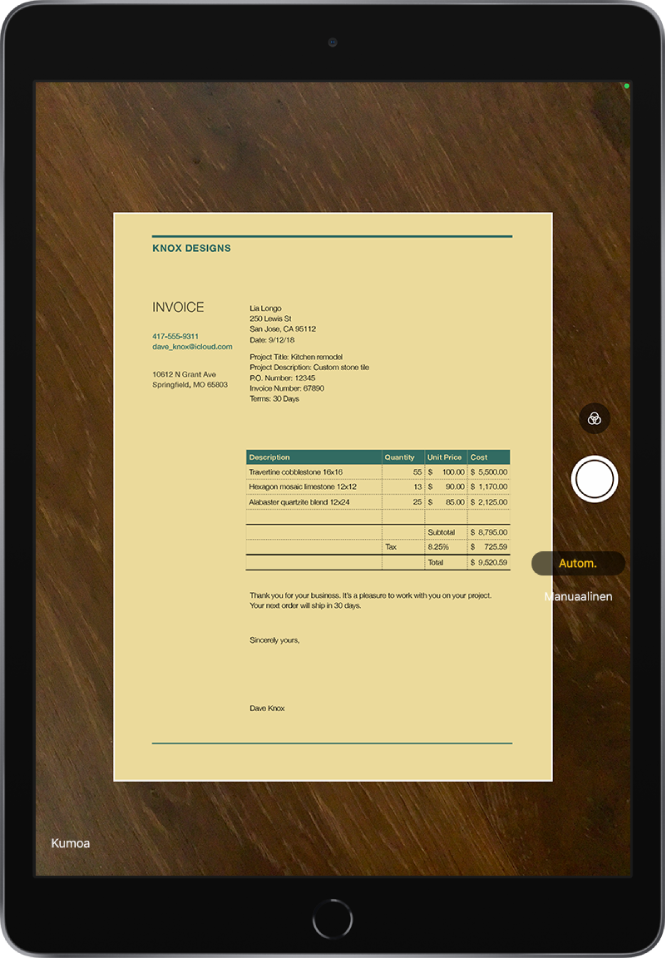 Näyttö, jossa näkyy dokumentin skannaus. Ota kuva ‑painike on oikean reunan keskellä.