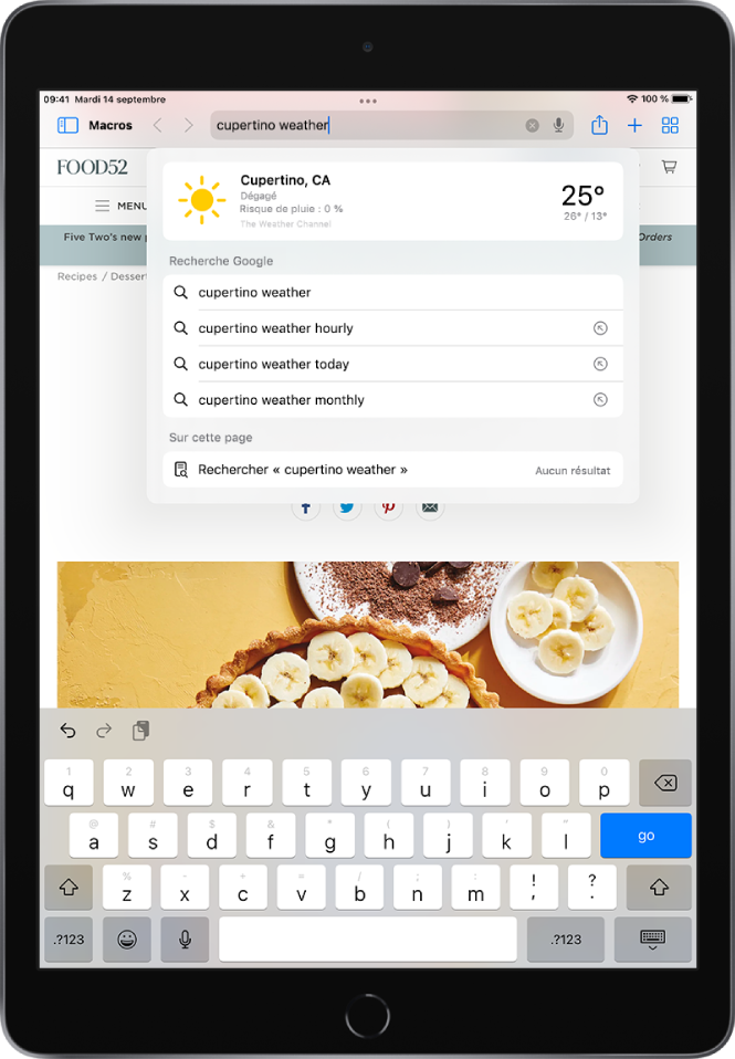 Une page web avec les mots « météo cupertino » saisis dans le champ de recherche. En dessous figurent des suggestions de recherche Google et les éventuelles mentions des mots « météo cupertino » sur la page web actuelle.