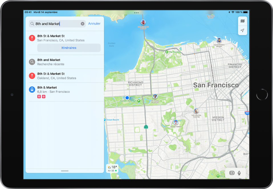 La fiche de recherche affichant une recherche vocale pour « 8th et Market » avec plusieurs résultats.