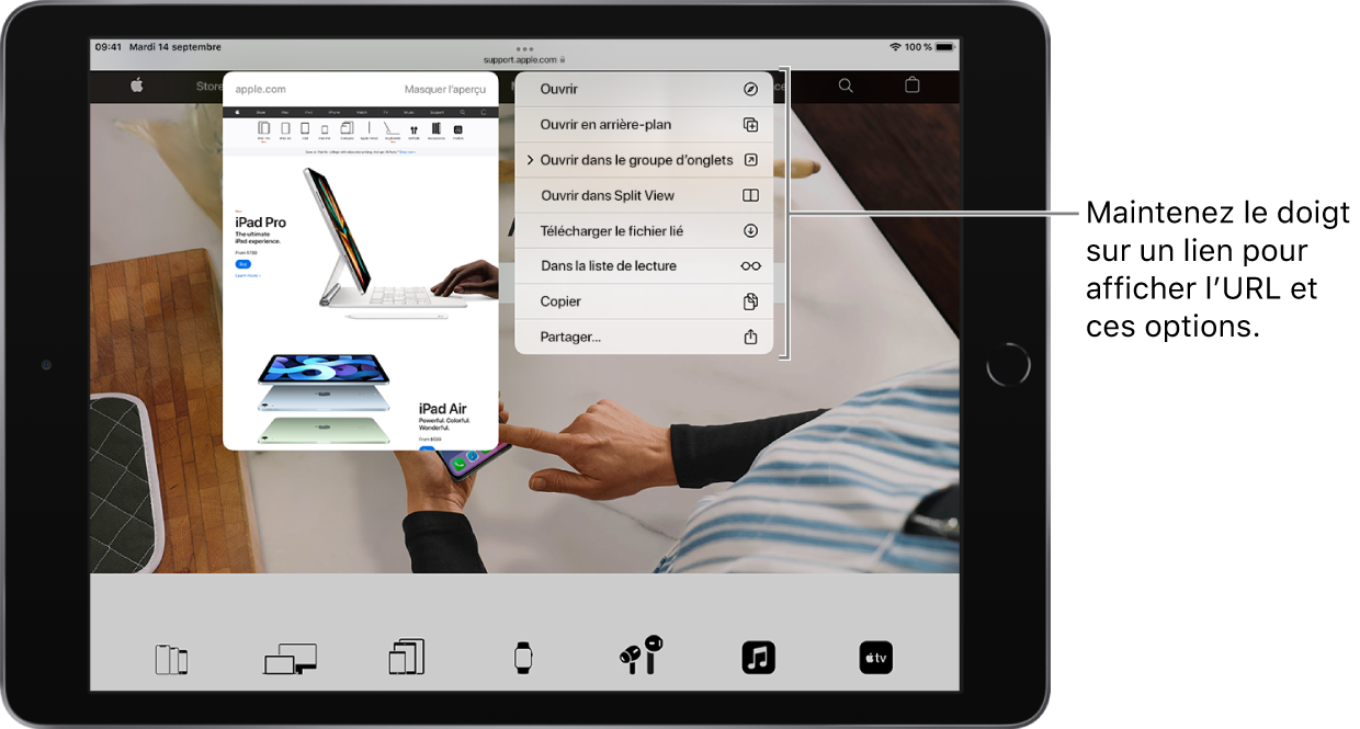 Aperçu d’un site web. À droite de l’aperçu se trouve un menu affichant les différentes options, notamment Ouvrir, « Ouvrir en arrière-plan », « Ouvrir dans une nouvelle fenêtre », et d’autres options.