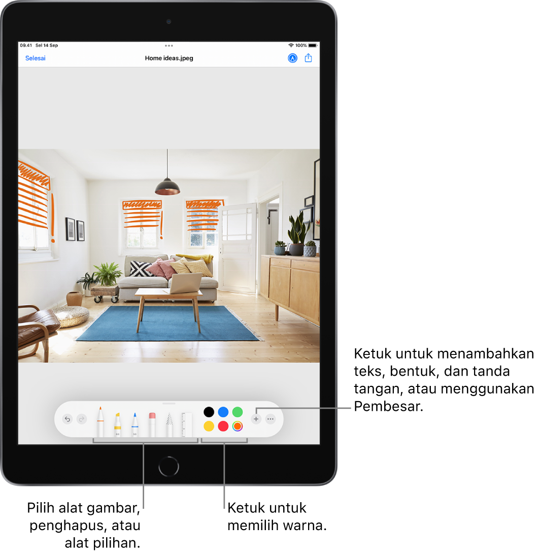 Gambar di jendela Penambahan. Di bawah gambar, dari kiri ke kanan, terdapat tombol untuk alat Markah: pena gambar, penghapus, alat pilihan, warna, dan tombol untuk menambahkan kotak teks, tanda tangan, dan bentuk, serta untuk memilih Pembesar.