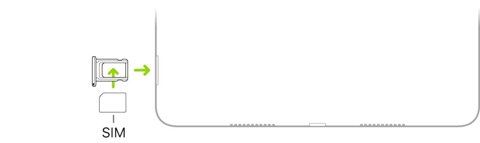 iPad SIM karšu turētājā tiek ievietota SIM karte; nošķeltais stūris ir vērsts pa kreisi uz augšu.