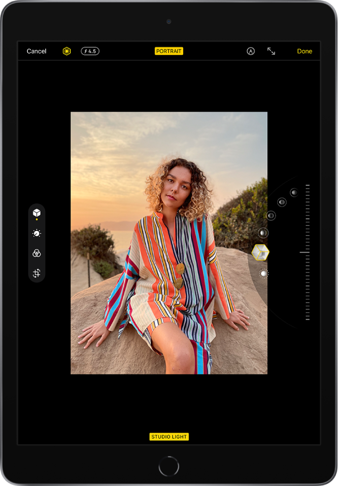 Portreta režīma fotoattēls rediģēšanas ekrāna vidū. Pogas Cancel, Light Control un Depth Adjustment ir augšējā kreisajā stūrī, un ir atlasīta poga Light Control. Ekrāna augšdaļā pa vidu ir ieslēgta poga Depth Effect. Augšējā labajā stūrī ir pogas Mar Up, Enter Full Screen un Done. Rediģēšanas rīki atrodas ekrāna kreisajā pusē no augšas līdz lejai: Portrait Controls, Adjust, Filters un Crop. Atlasīta poga Portrait Controls. Ekrāna labajā pusē ir apgaismojuma iespēju vadīklas.