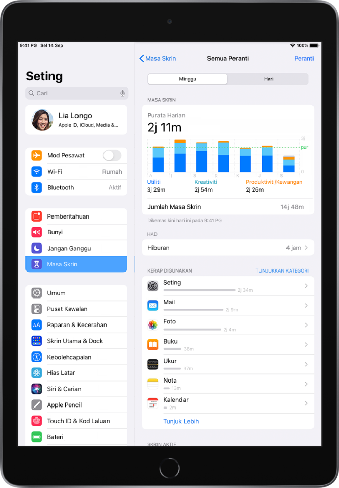 Laporan Mingguan Masa Skrin, menunjukkan jumlah masa yang diluangkan pada app, mengikut kategori dan mengikut app.