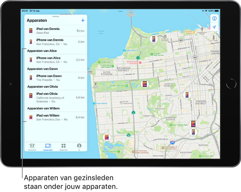 De Zoek mijn-app waarin het tabblad 'Apparaten' is geopend. Boven aan de lijst staan Danny's apparaten. Daaronder staan de apparaten van Ashley, Dawn, Olivia en Will. Hun locaties worden op een kaart van San Francisco weergegeven.