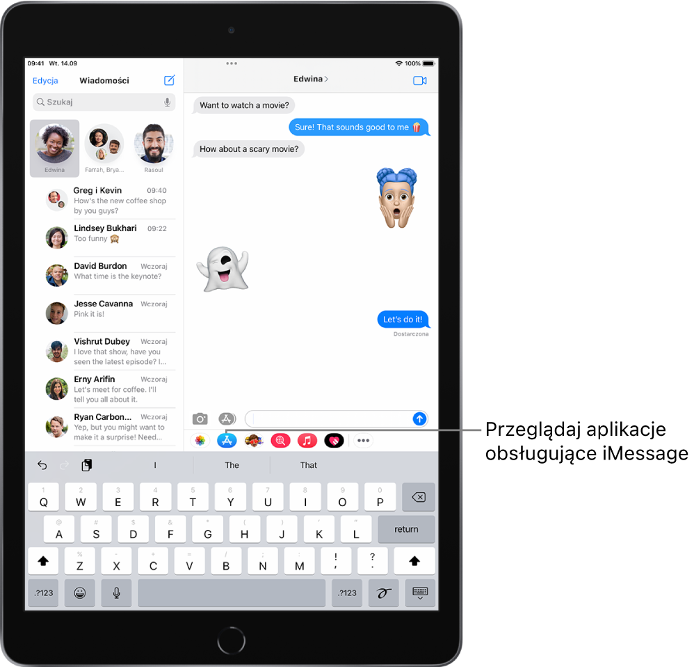 Okno Wiadomości z wybranym przyciskiem przeglądarki aplikacji. Otwarta szufladka z aplikacjami zawiera naklejki z buźkami.