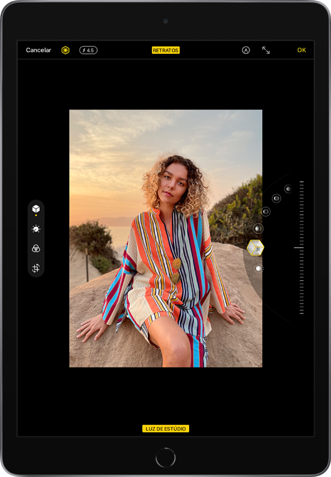 Uma foto no modo Retrato está no centro da tela Editar. Os botões Cancelar, Controle de Luz e Ajuste de Profundidade estão no canto superior esquerdo e Controle de Luz está selecionado. Na parte superior central da tela, o botão Efeito de Profundidade está ativado. No canto superior direito, os botões Marcação, Entrar em Tela Cheia e OK. As ferramentas de edição estão no lado esquerdo da tela: de cima para baixo, Controles de Retrato, Ajustar, Filtros e Recortar. Controles de Retrato está selecionado. No lado direito da tela encontram-se os controles de opções de iluminação.