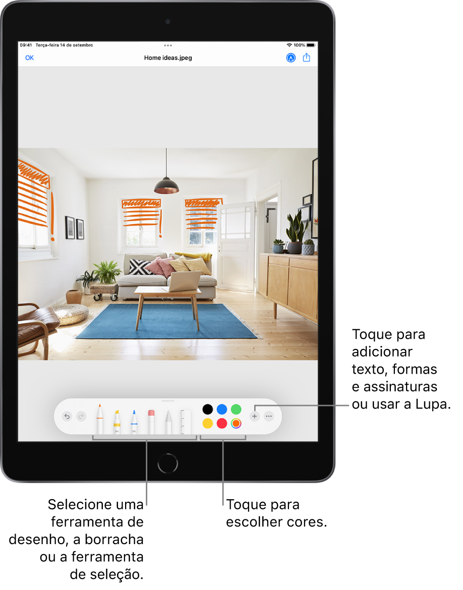 Uma imagem em uma janela de Marcação. Abaixo da imagem, da esquerda para a direita, estão os botões das ferramentas de Marcação: canetas, borracha, ferramenta de seleção, cores e botões para adicionar uma caixa de texto, assinatura e formas, e para escolher a Lupa.