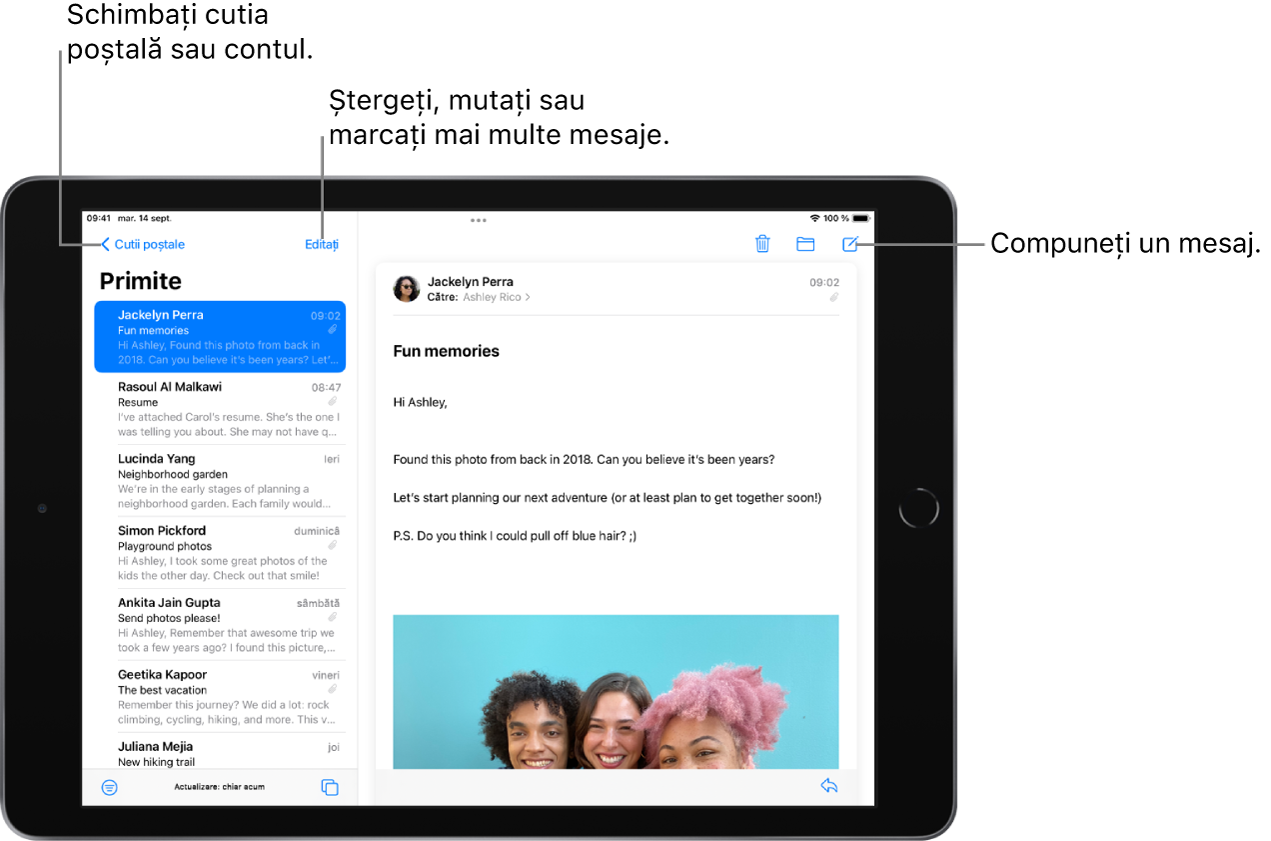 Cutia poștală Primite din Mail, cu lista de e-mailuri în stânga și un e-mail deschis dintr-o conversație în dreapta. Butonul Cutii poștale, care permite comutarea la altă cutie poștală, se află în colțul din stânga sus. Butonul pentru filtrarea e‑mailurilor în așa fel încât să fie afișate doar anumite tipuri de e‑mailuri se află în colțul din stânga jos. Butonul pentru compunerea unui e-mail nou se află în colțul din dreapta sus.