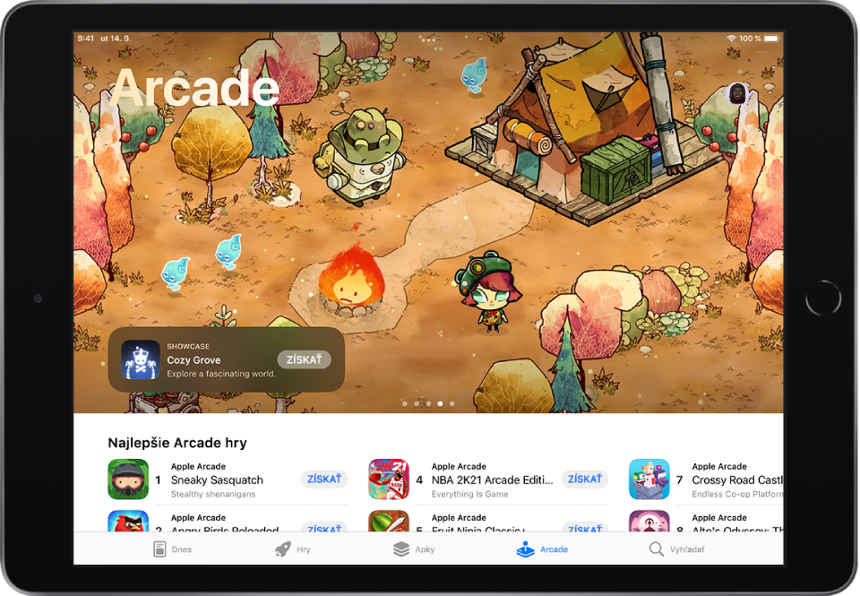 Obrazovka Arcade v App Store so zobrazenou hrou hore a zoznamom najlepších hier z Arcade uprostred. V dolnej časti sa zľava doprava nachádzajú taby Dnes, Hry, Apky, Arcade a Vyhľadať.