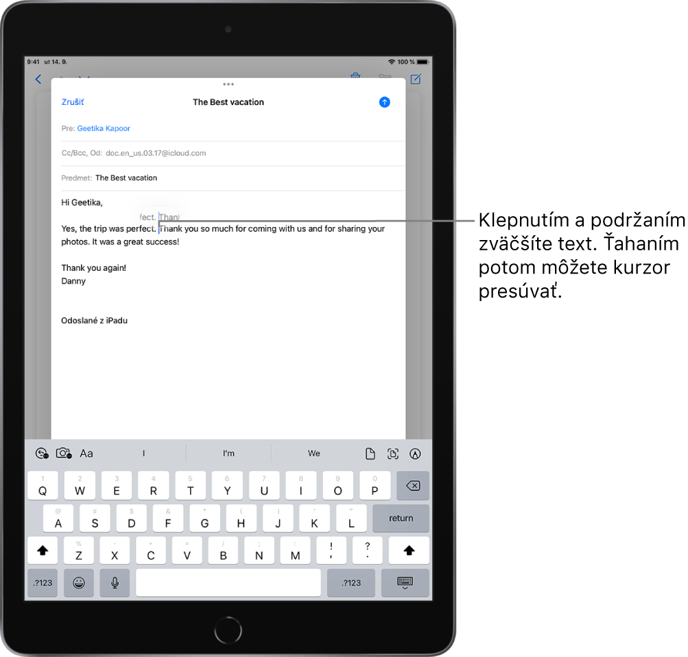 Koncept emailu s kurzorom na mieste, kde má byť vložený alebo upravený text. Okolitý text je zväčšený, aby bolo možné ľahšie umiestniť kurzor.