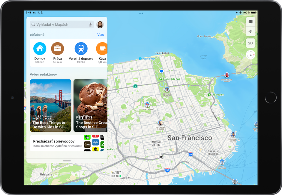 Mapa oblasti Bay Area v San Franciscu so štyrmi obľúbenými miestami v zozname pod vyhľadávacím poľom. Obľúbenými miestami sú Domov, Práca, Doprava a Kaviareň.