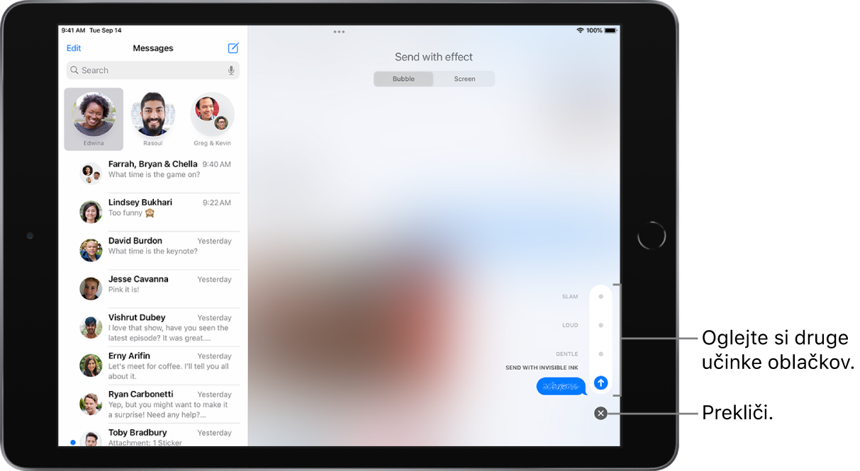 Predogled sporočila z učinkom nevidnega črnila. V spodnjem desnem kotu tapnite kontrolnik za predogled drugih učinkov oblačka. Znova tapnite isti kontrolnik, da pošljete učinek, ali tapnite gumb Cancel spodaj, da se vrnete v sporočilo.