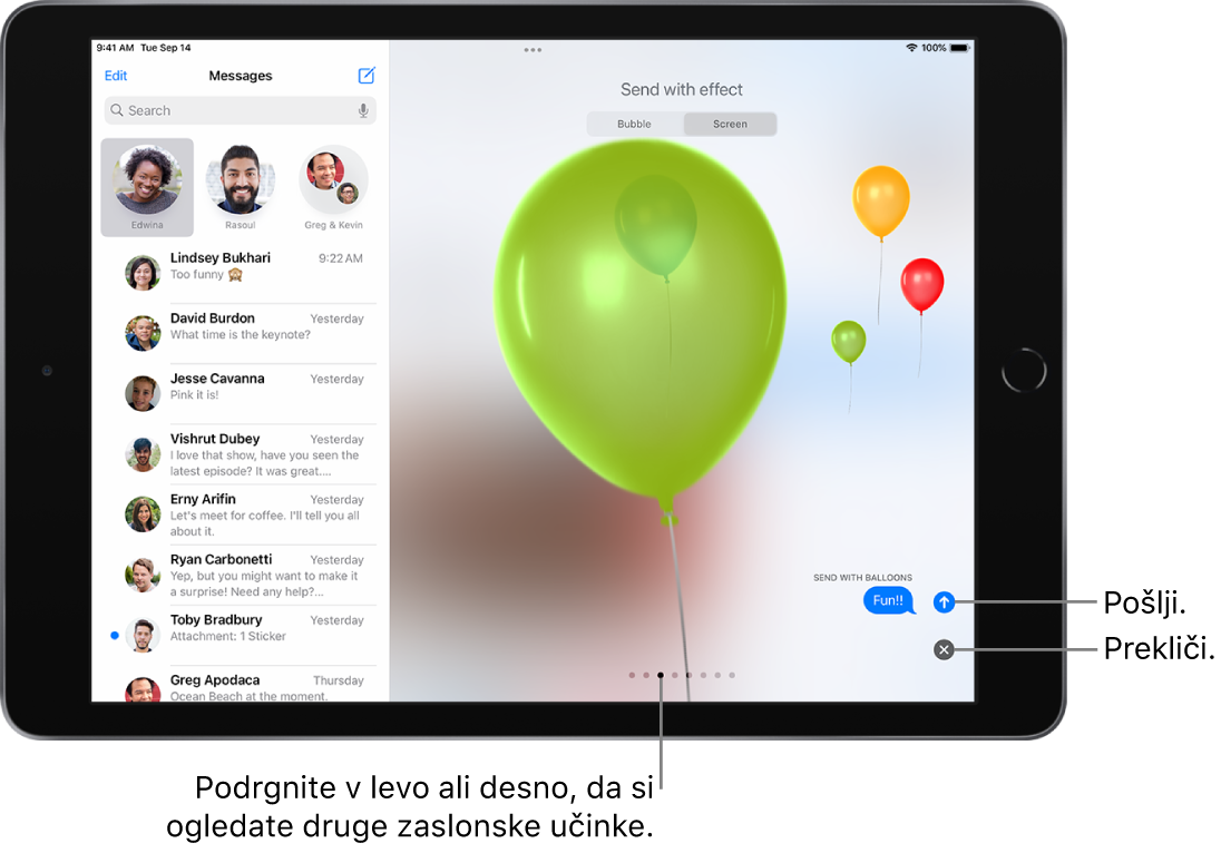 Predogled sporočila, ki prikazuje celozaslonski učinek z baloni.