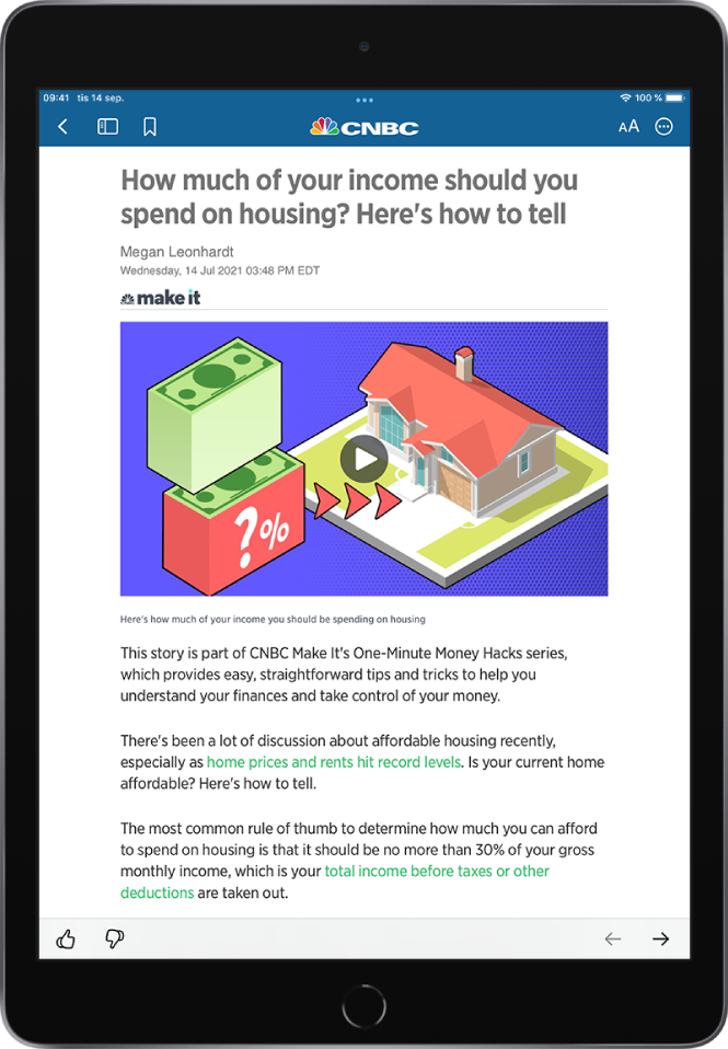 En News-artikel. Överst till vänster finns knapparna Previous, Sidebar och Save. Publikationens namn visas överst i mitten. Uppe till höger finns knapparna Text Size och Share. Artikelrubriken, signatur och datum finns högst upp i artikeln med en stor bild efteråt. Under bilden visas artikelns tre första stycken. Längst ned till vänster finns knapparna Suggest More och Suggest Less. Till höger nedtill finns knapparna för föregående och nästa.