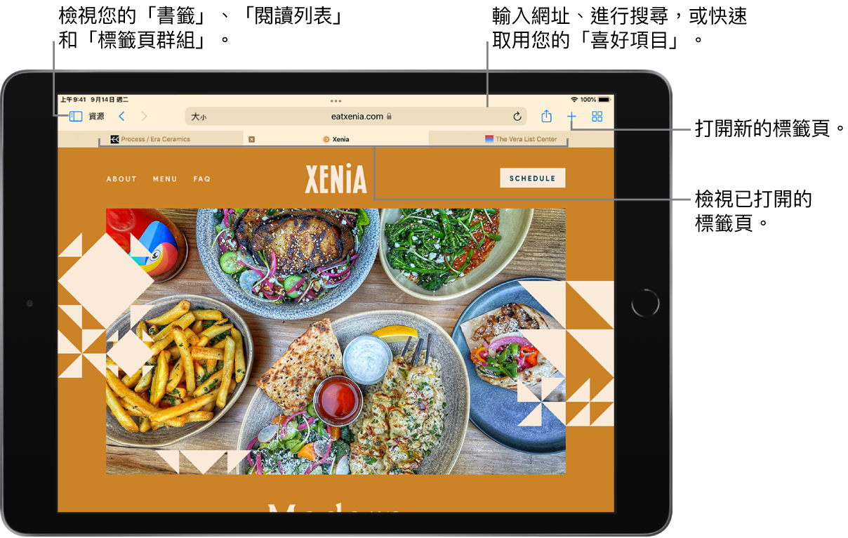 打開的網頁。最上方由左至右是「側邊欄」按鈕、目前開啟「標籤頁」的標題、「上一個」和「返回」按鈕、搜尋欄位、「分享」按鈕、「新增標籤頁」按鈕,以及「標籤頁概覽」按鈕。