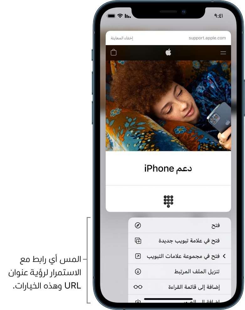 معاينة عنوان URL الوجهة متبوعًا بقائمة من الإجراءات المحتملة: فتح وفتح في مجموعة علامات تبويب جديدة وتنزيل الملف المرتبط وإضافة إلى قائمة القراءة وإضافة إلى الصور.