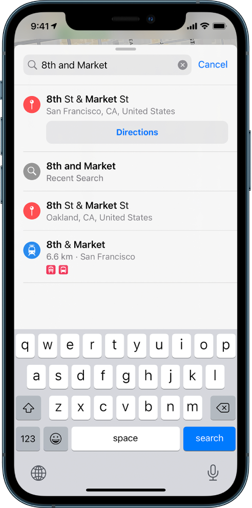 Картичката за търсене, показваща търсене по фразата „8th and Market“ и няколко резултата.
