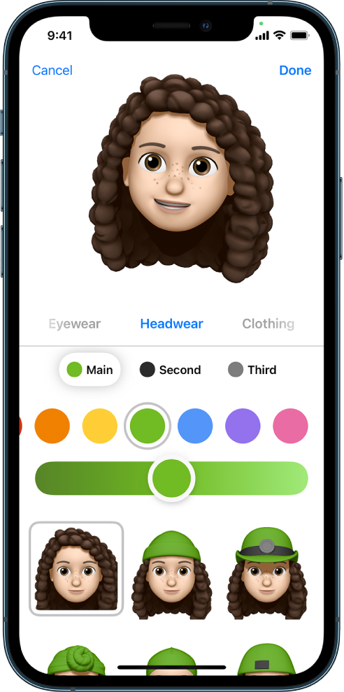 Екранът Create Memoji (Създаване на Memoji), показващ горе един герой в процес на създаване, под него са характеристиките за настройка на героя, а най-долу - опции за избраната характеристика. Бутонът Done (Готово) е горе вдясно, а бутонът Cancel (Откажи) е горе вляво.