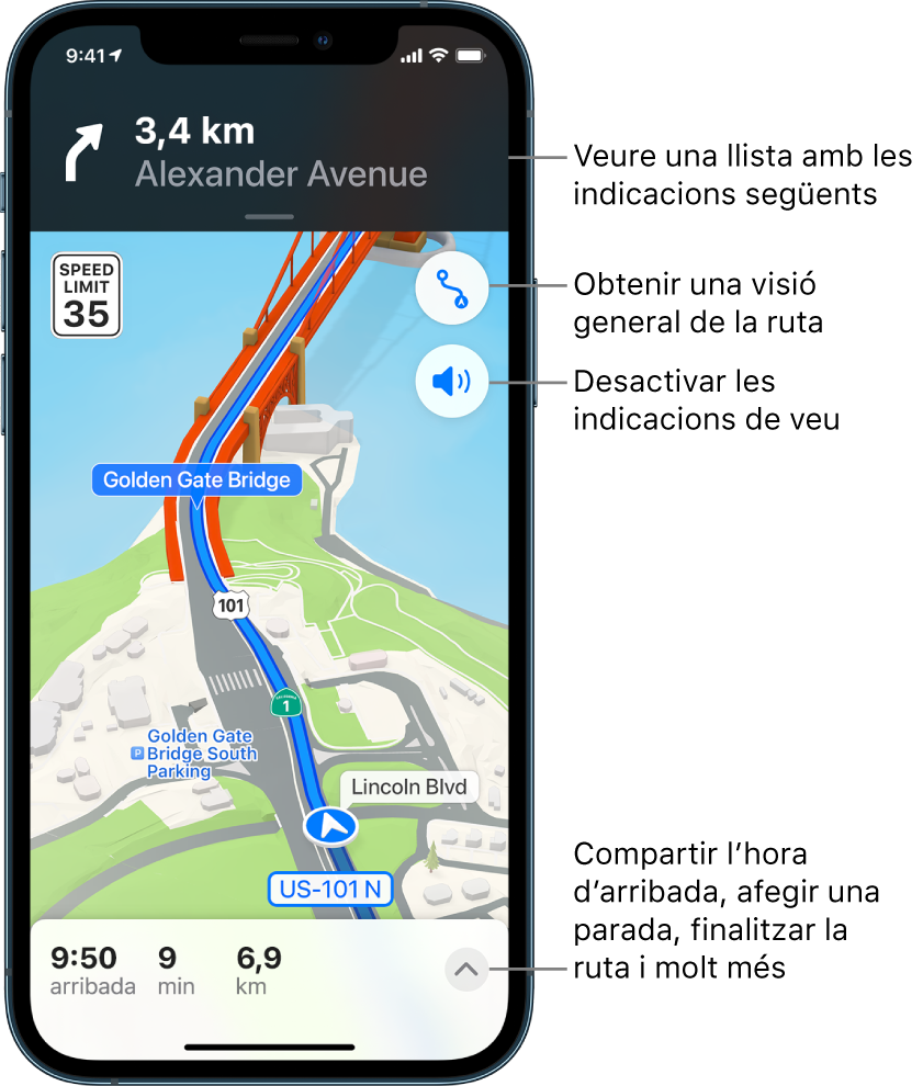 Mapa que mostra les indicacions en cotxe en entrar a un pont.