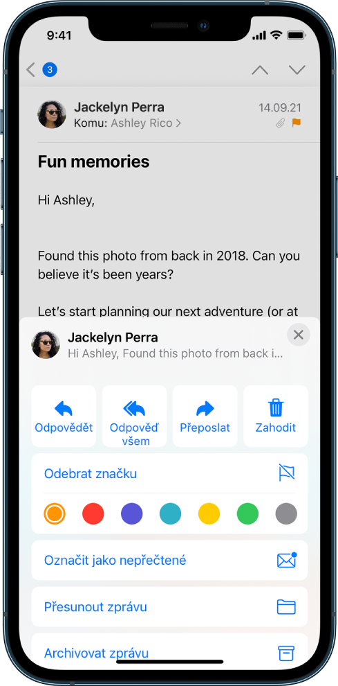 E‑mail, pod kterým se zobrazují volby pro odpověď a pod těmito volbami výběr barevných značek