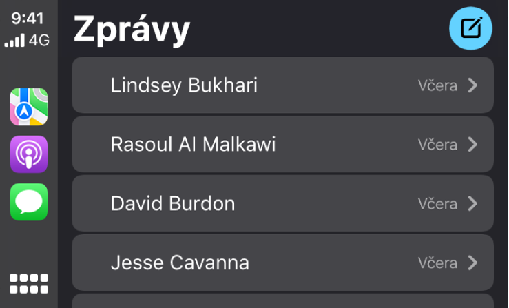 Obrazovka systému CarPlay s několika textovými zprávami