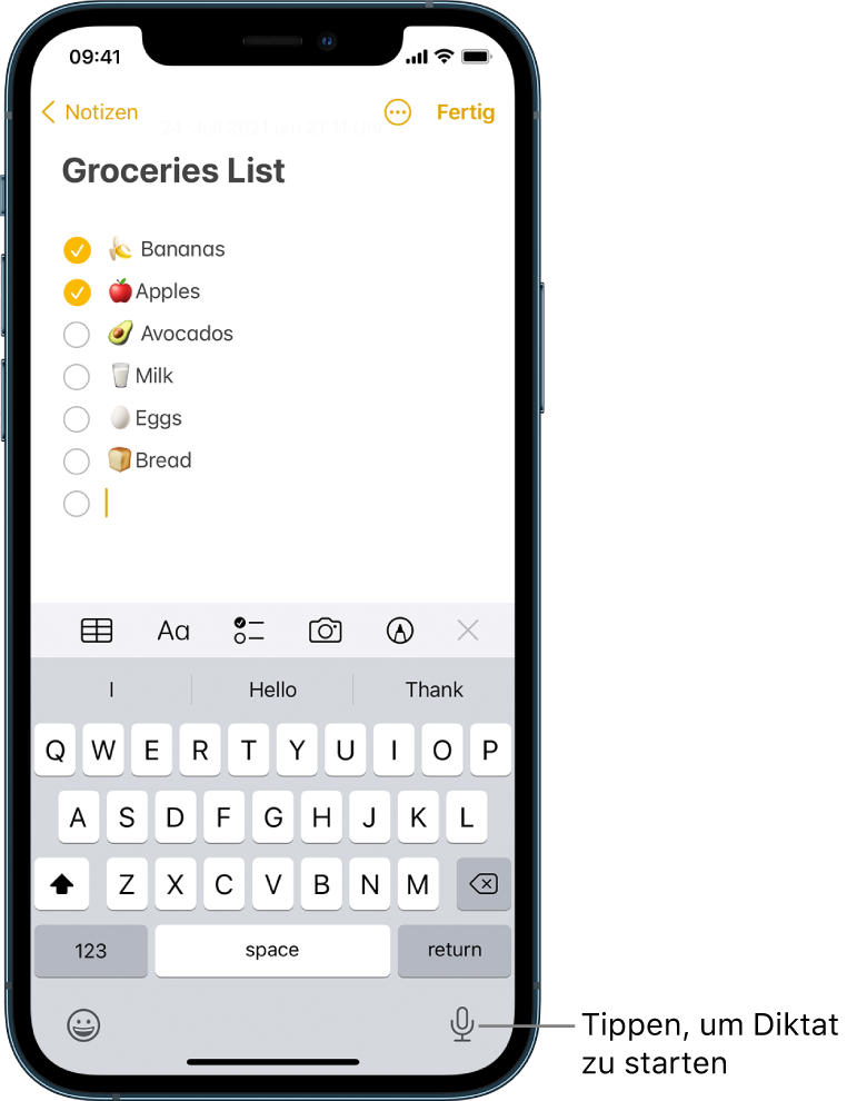 Die Bildschirmtastatur mit der Taste „Diktieren“ (unten rechts), auf die du tippen kannst, um mit dem Diktieren von Text zu beginnen.