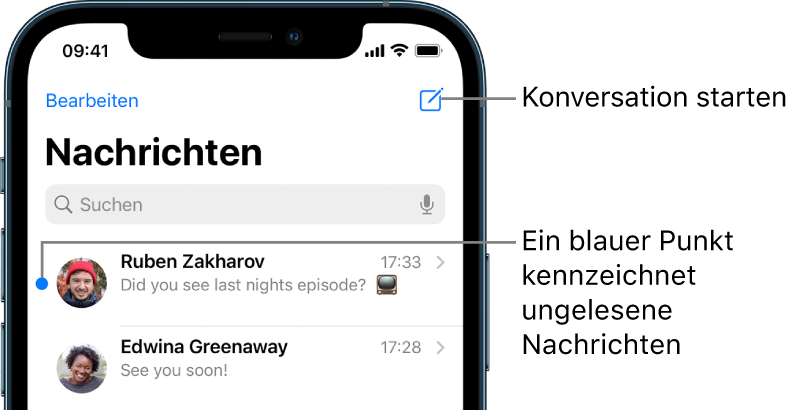 Die Liste der Nachrichten mit der Taste „Bearbeiten“ oben links und der Taste „Erstellen“ oben rechts. Ein blauer Punkt links neben einer Nachricht besagt, dass die betreffende Nachricht noch nicht gelesen wurde.