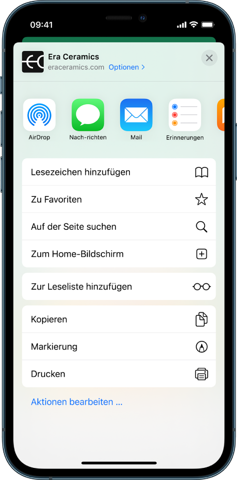 Das Menü „Teilen“. Oben befinden sich Apps, die zum Teilen von Links verwendet werden können. Darunter sind weitere Optionen aufgelistet, u. a. „Lesezeichen hinzufügen“, „Als Favoriten sichern“, „Auf Seite suchen“, „Zum Home-Bildschirm“ und „Zur Leseliste hinzufügen“.