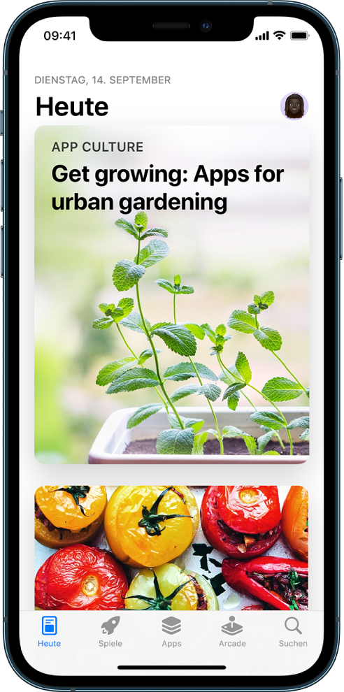 Der Bildschirm „Heute“ im App Store zeigt eine vorgestellte Story und eine vorgestellte App. Rechts oben befindet sich dein Profilbild. Unten befinden sich von links nach rechts die Tabs „Heute“, „Spiele“, „Arcade“ und „Suchen“.