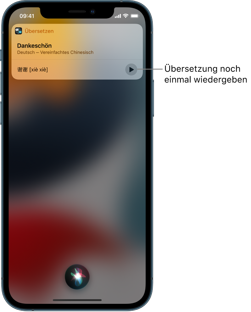 Siri zeigt eine Übersetzung des englischen Ausdrucks „thank you” in Mandarin an. Mit der Taste rechts von der Übersetzung kann die Audioausgabe der Übersetzung gestartet werden.