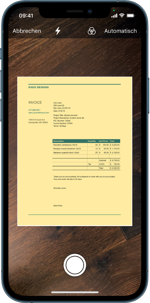Ein Bildschirm mit einem gescannten Dokument. Die Taste „Bild aufnehmen“ befindet sich unten in der Mitte.
