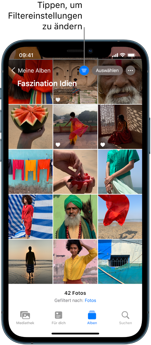 Unten auf dem Bildschirm ist die Taste „Alben“ ausgewählt und ein Fotoalbum ist geöffnet. Oben rechts ist die Taste „Filter“ ausgewählt. Die gefilterten Fotos füllen den Bildschirm und unter den Fotos wird folgender Text angezeigt: 42 Fotos, gefiltert nach „Fotos“.