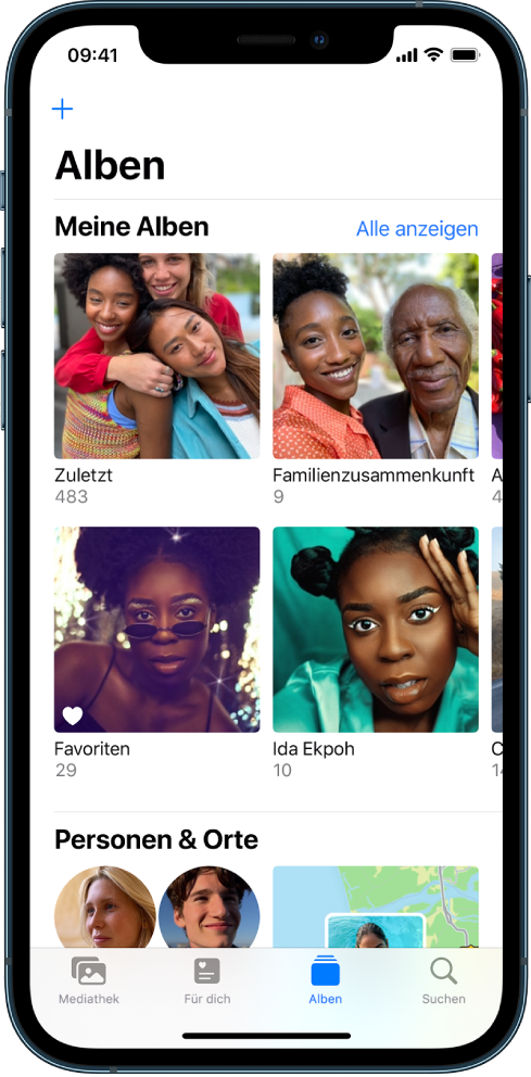 Der Tab „Alben“ unten auf dem Bildschirm ist ausgewählt. Unter der Überschrift „Meine Alben“ befinden sich Alben wie „Zuletzt“, „Faszinierendes Indien“, „Favoriten“ und „Radfahren“. Neben der Überschrift „Meine Alben“ befindet sich die Taste „Alle anzeigen“. Oben links befindet sich die Taste „Hinzufügen“.