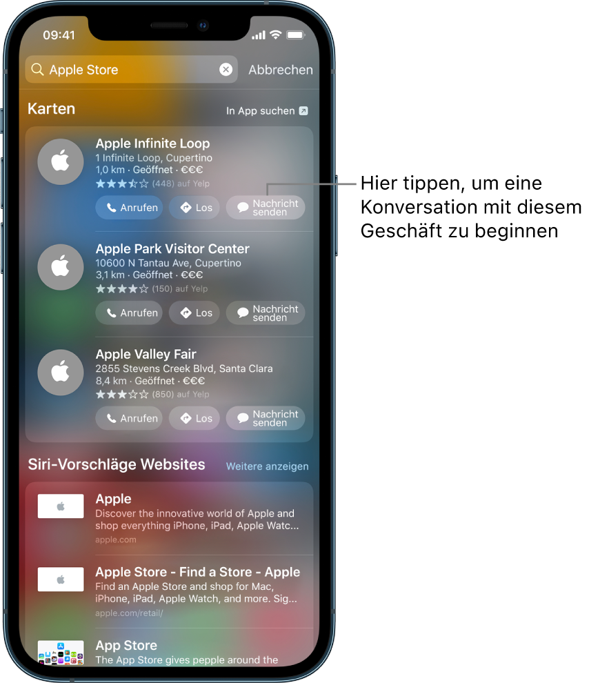 Der Suchbildschirm mit gefunden Objekten für die App „Karten“. Für jedes Ergebnis werden eine kurze Beschreibung, eine Bewertung und/oder eine Adresse sowie die URL der zugehörigen Website angezeigt. Für die ersten drei Ergebnisse wird eine Taste zum Starten eines Geschäftschats mit dem Apple Store angezeigt.